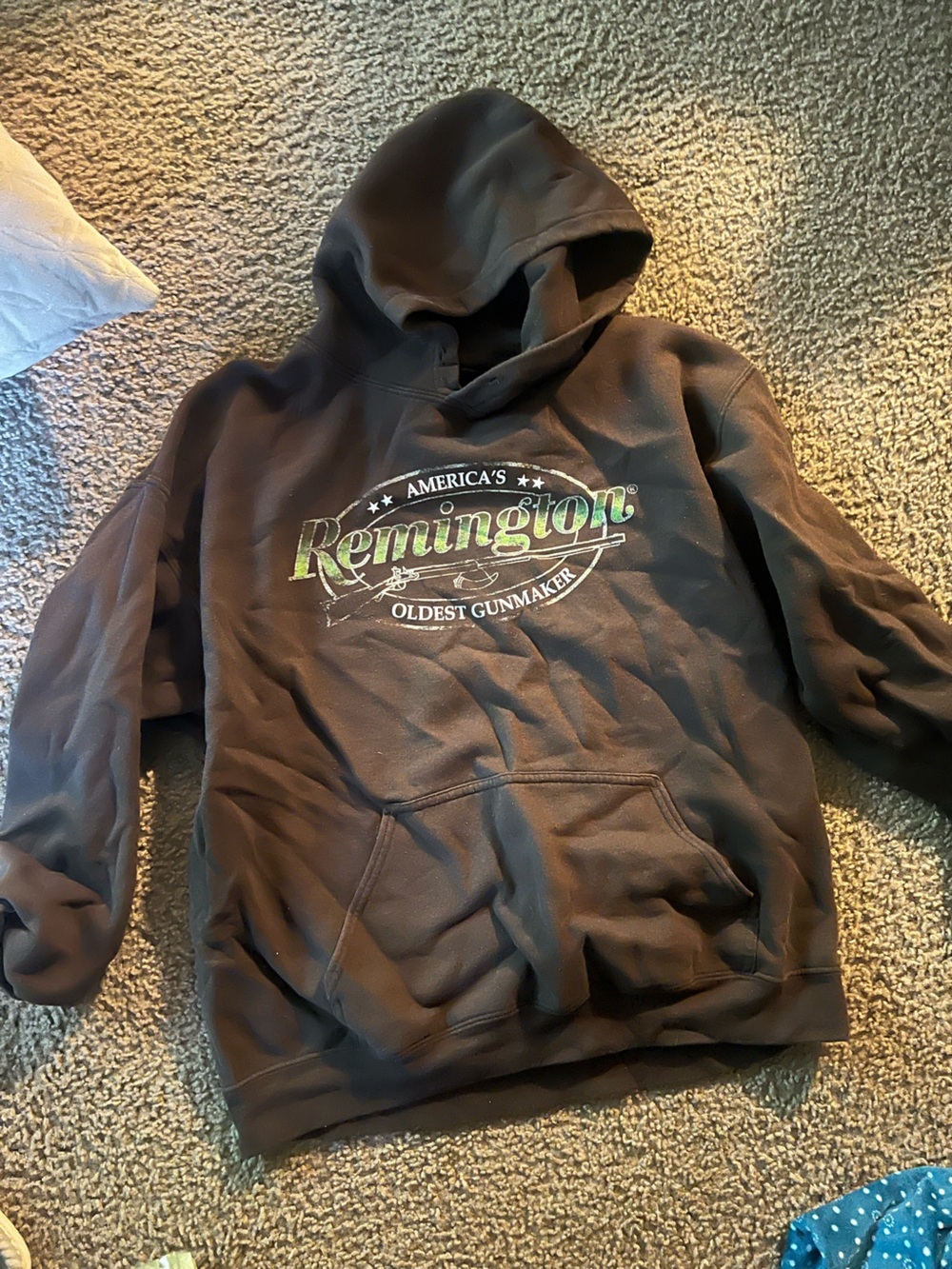 Gildan Men's Brown Crewneck Sweatshirt with Green and White Remington Logo